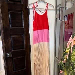 Colorblock Maxi Dress - Red, Pink, and Tan
